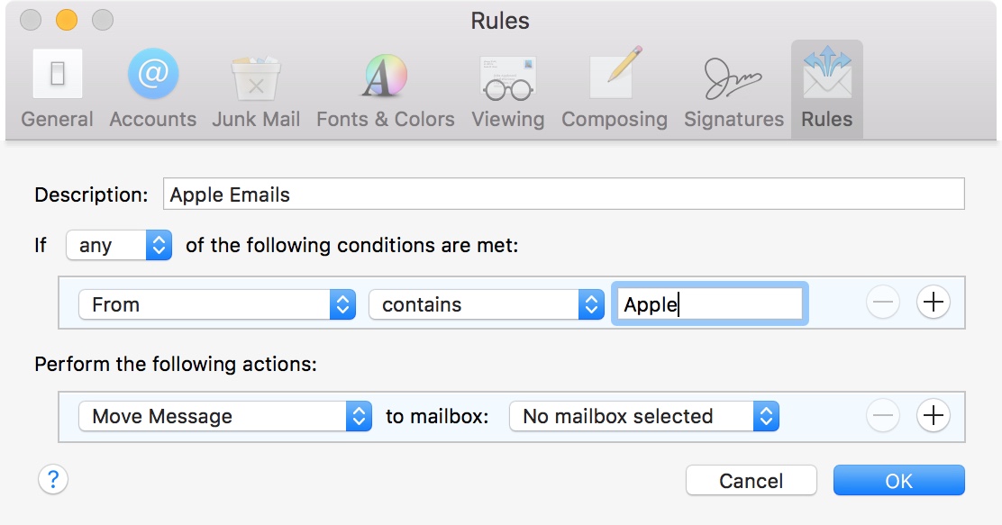 email rules for mac book pro